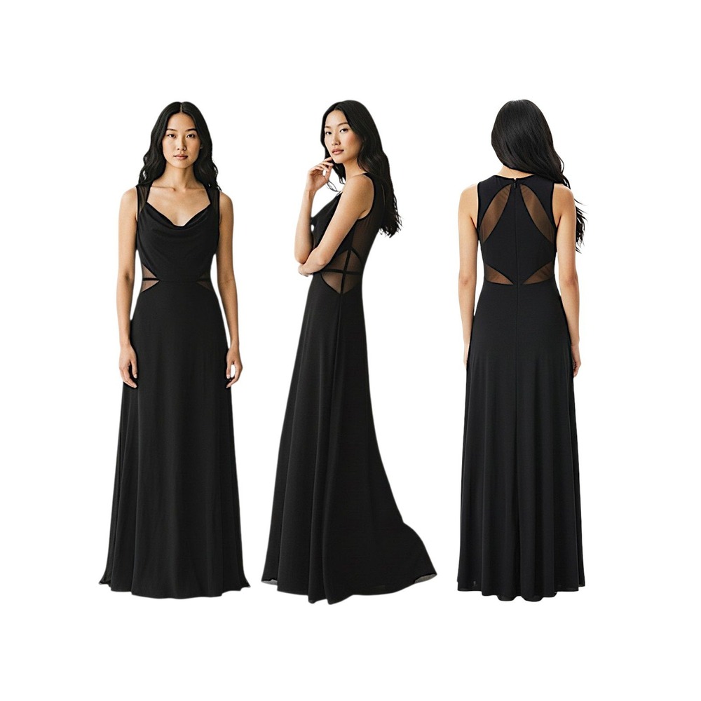 Hailey Logan Adrianna Papell Maxi Dress 2 Women Black Mesh Cutout Cowl Neck Gown